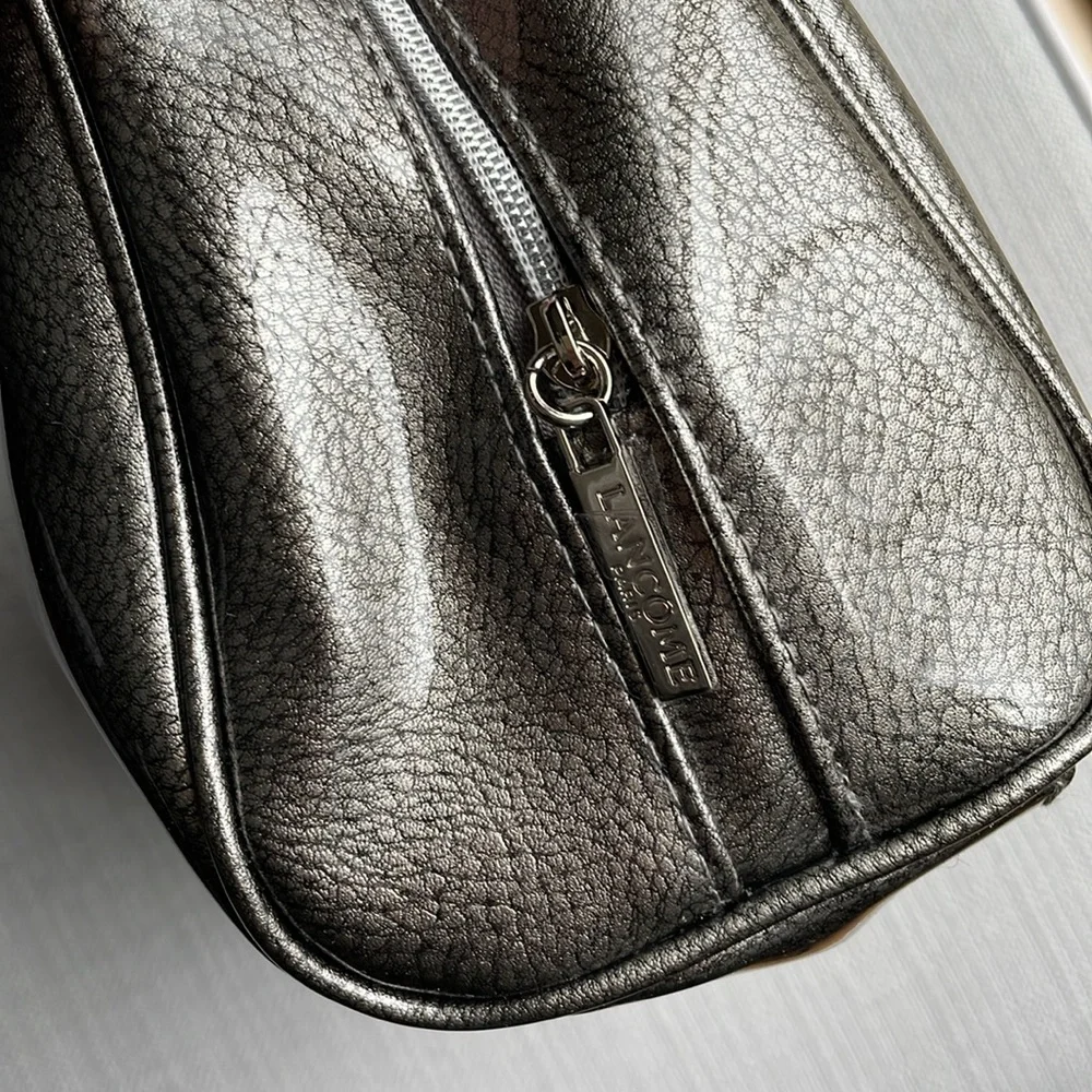 Lancome large gray silver metallic glossy cosmetics pouch
